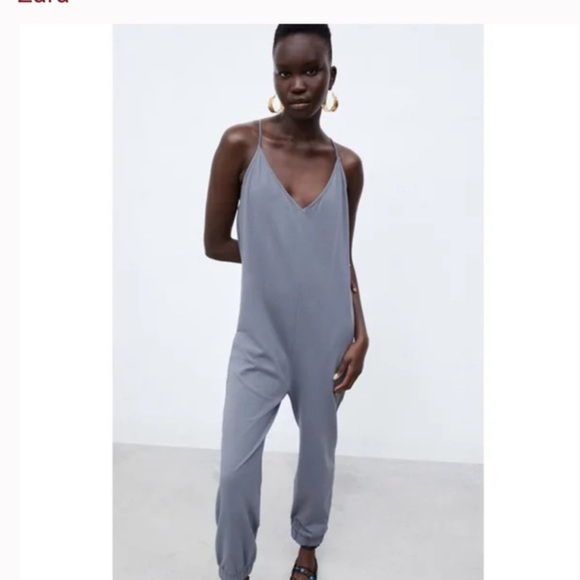 Zara cotton blue gray cuffed hem slouchy jumpsuit size small brand new‎ - Picture 1 of 9